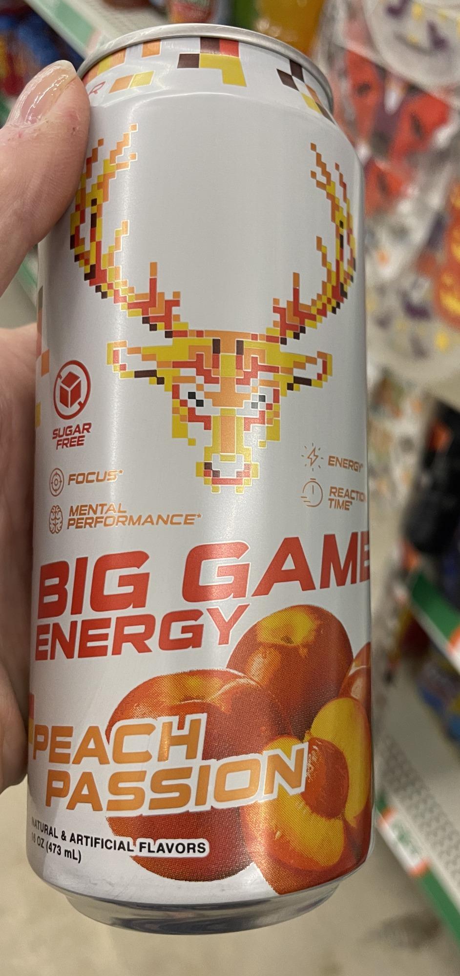 Bucked Up Big Game Energy Peach Passion can, front