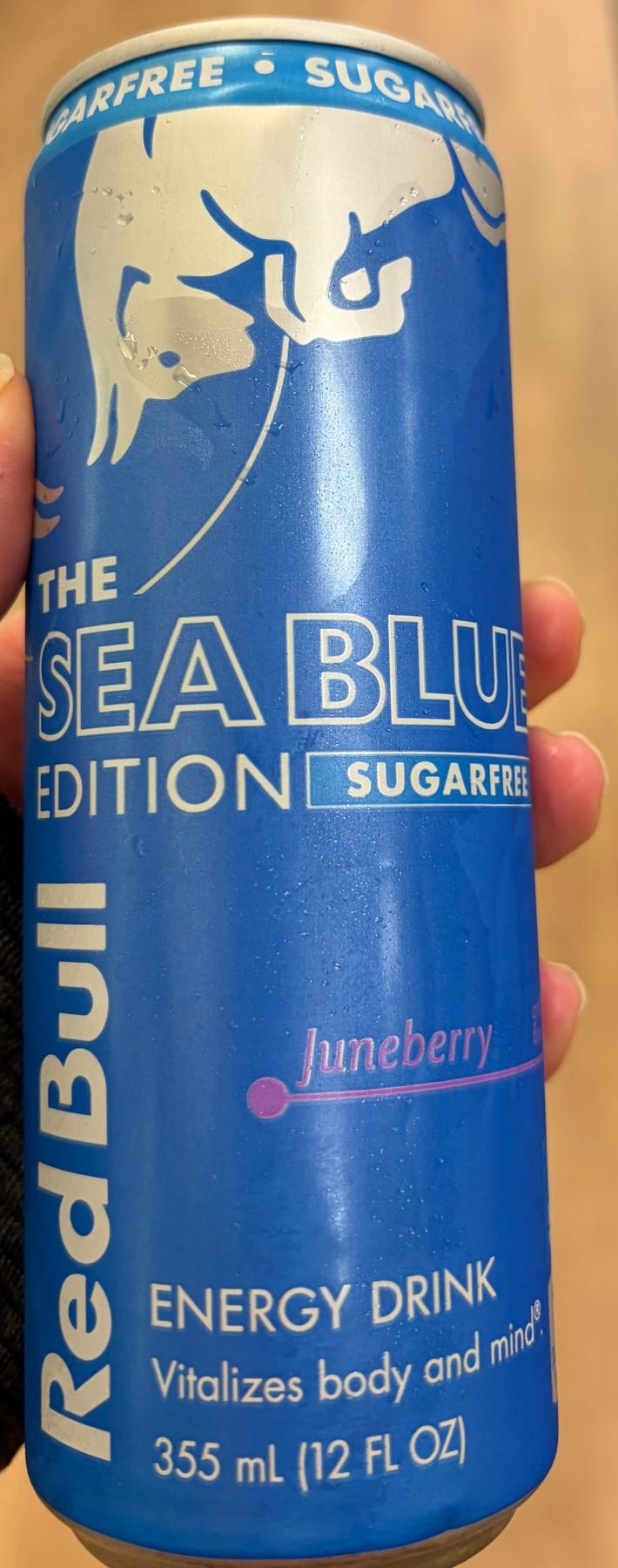 Red Bull The Sea Blue Edition Sugarfree Juneberry can, front
