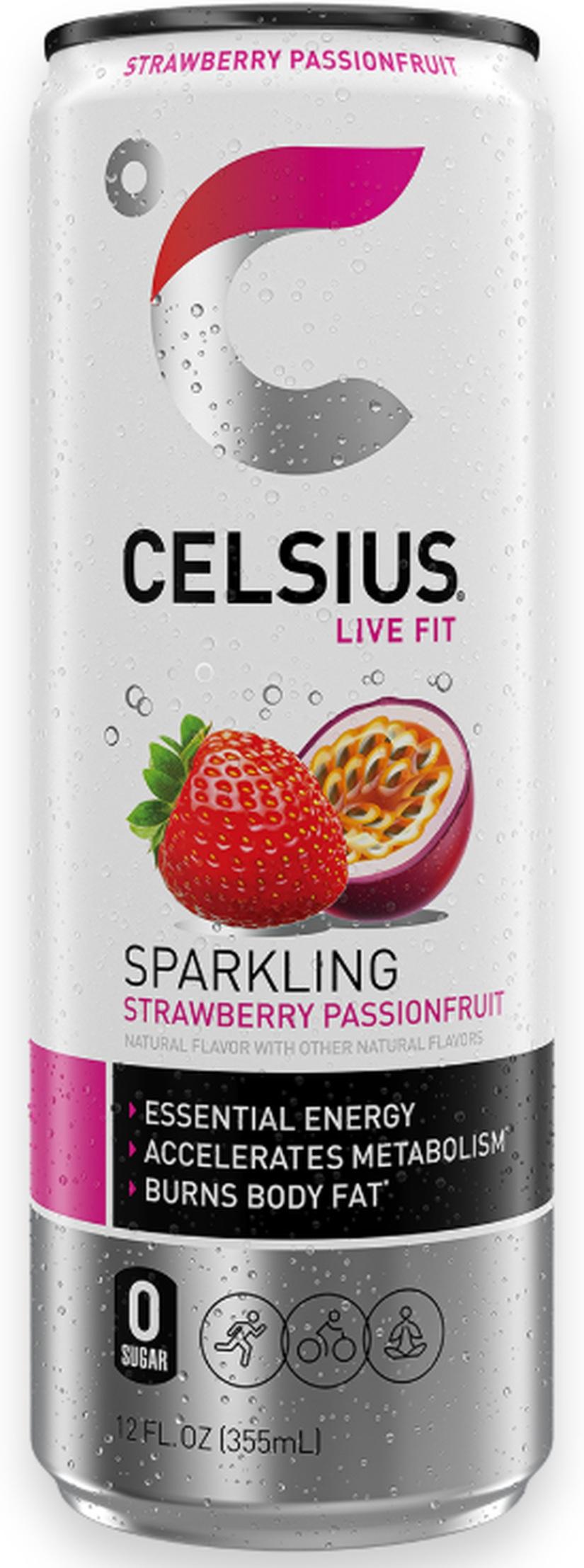 Celsius Sparkling Strawberry Passionfruit can, front