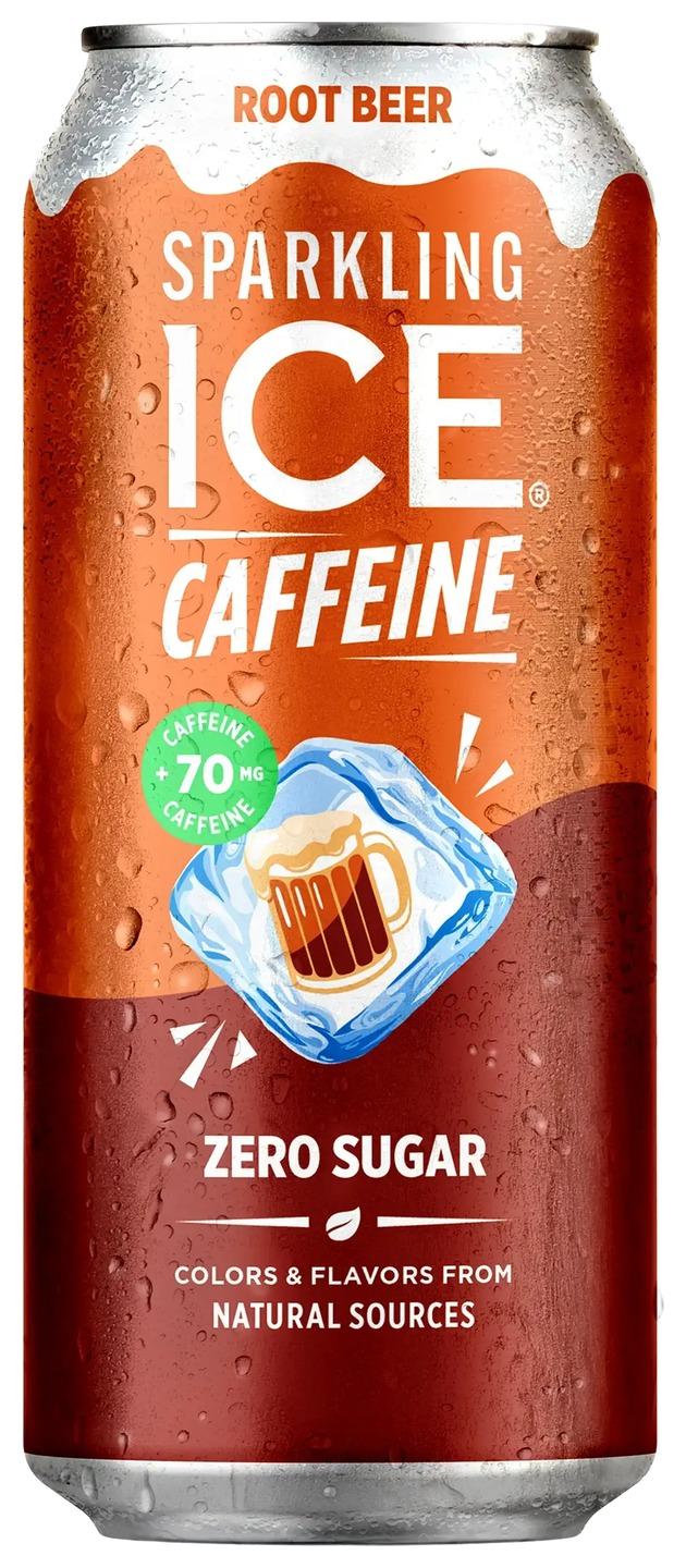 Sparkling Ice Caffeine root beer can, front