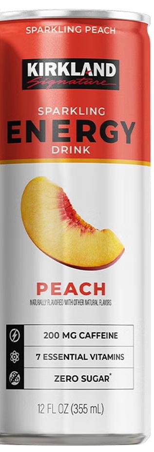 Kirkland Signature Sparkling Energy Peach can, front