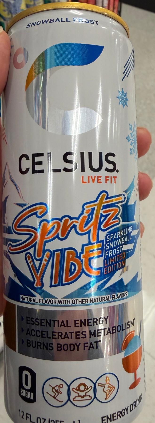 Celsius Spritz Vibe Sparkling Snowball Frost can, front