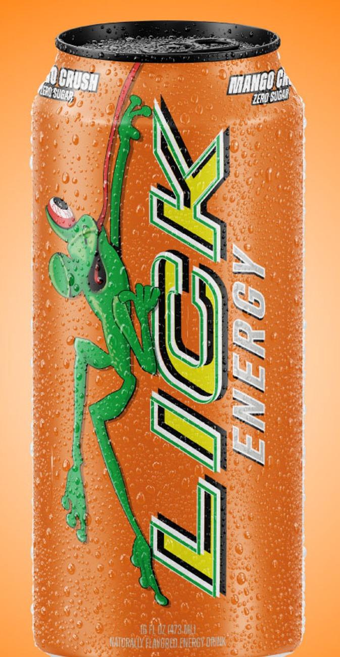 Lick Energy Mango Crush can, front