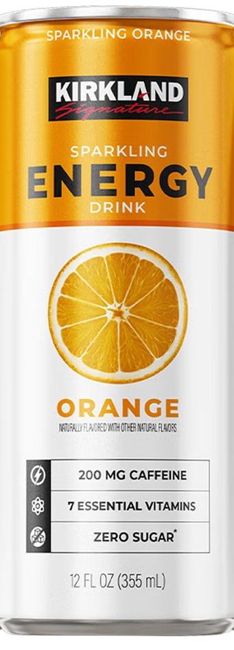Kirkland Signature Sparkling Energy Orange can, front