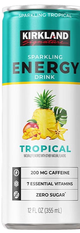 Kirkland Signature Sparkling Energy Tropical can, front