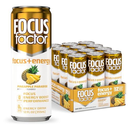 Focus Factor Energy Drink - 12 x 355ml Cans (Pineapple Paradise Flavor) - with Focus + Energy - Lightly Carbonated, Sugar Free, Low Calorie with Vitamins B6 & B12