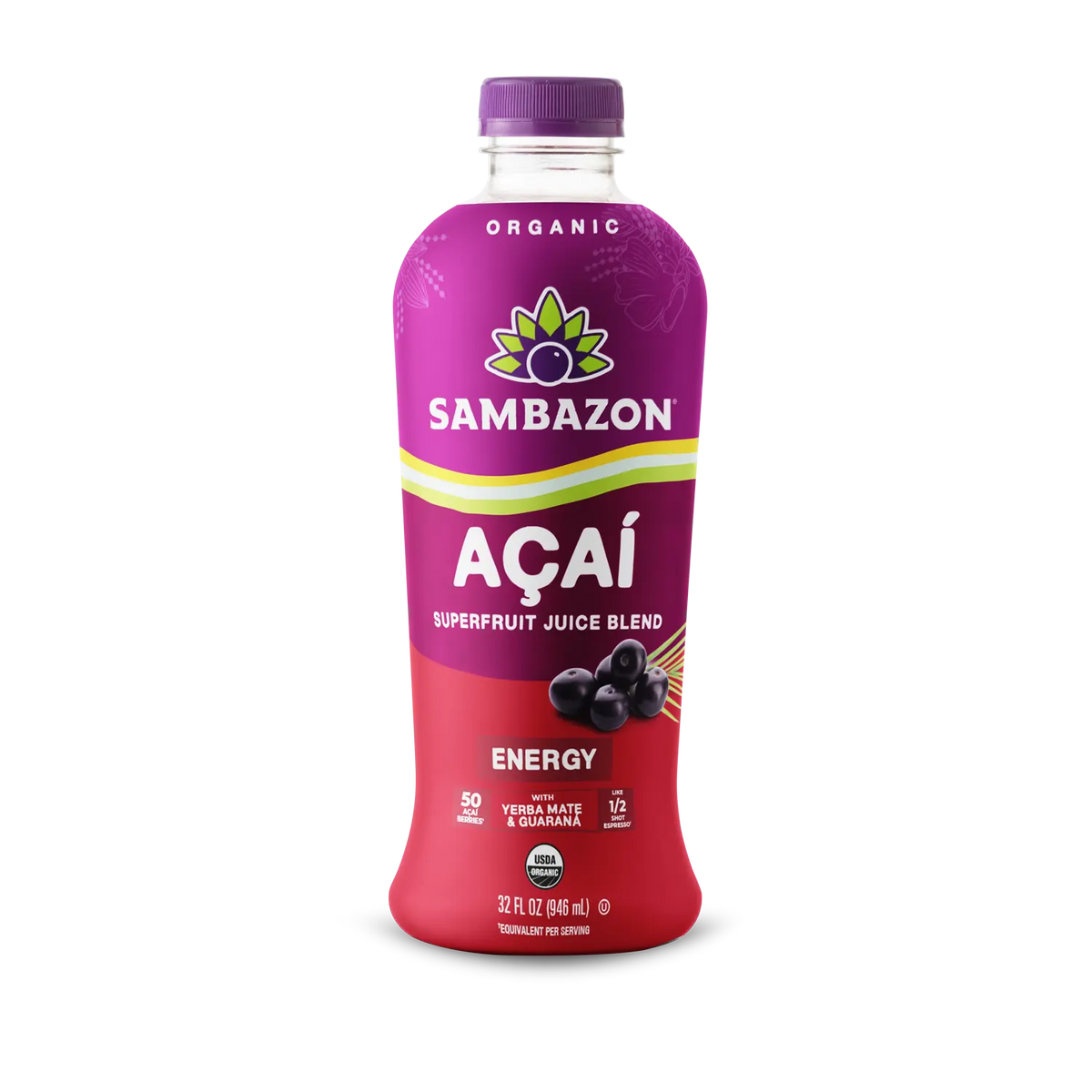 Sambazon Organic Acai Berry Plus Yerba Mate Plus Guarana energy drink can, front
