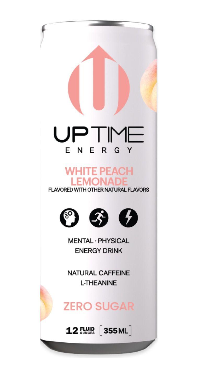 Uptime Energy White Peach Lemonade Zero Sugar energy drink can, front