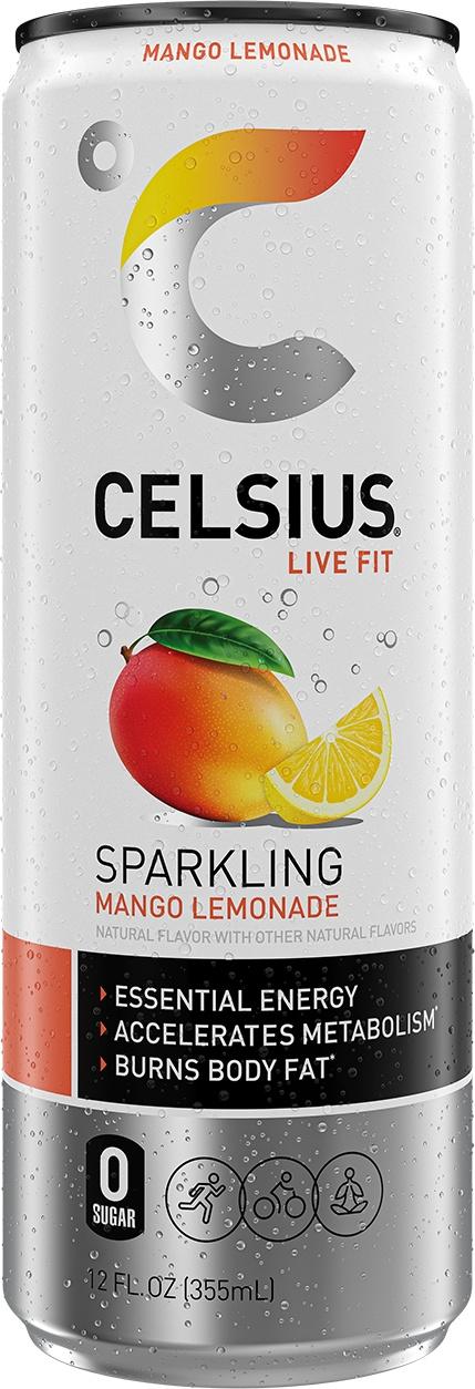 Celsius Sparkling Mango Lemonade can, front