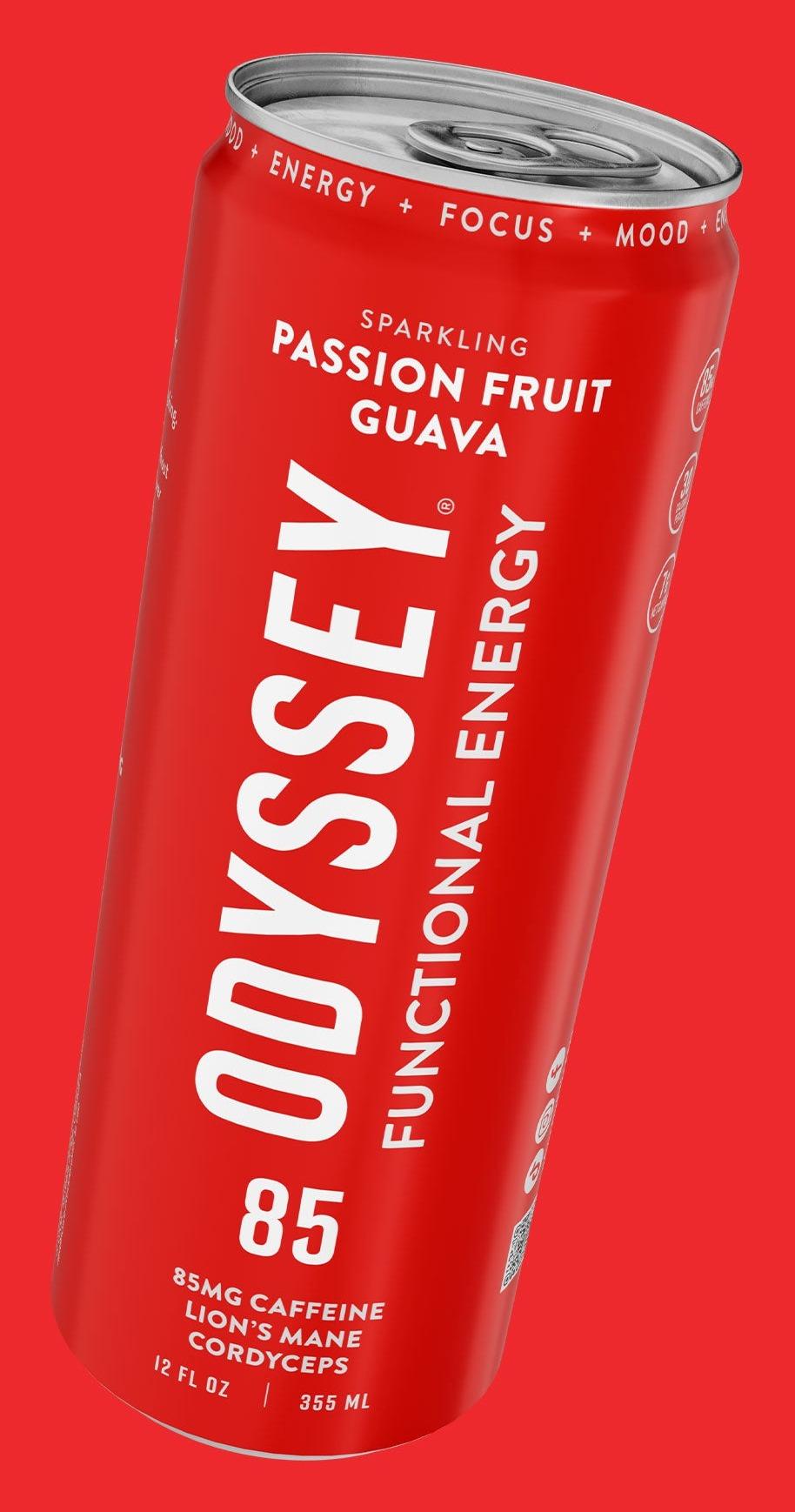 Odyssey Functional Energy Passion Fruit Guava 12 fl oz can, front